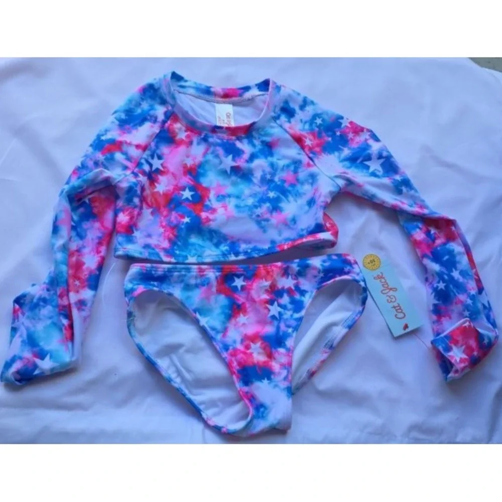 Cat & Jack Girls 2 Piece Swimsuit M 8 Rash Guard Stars Red White Blue